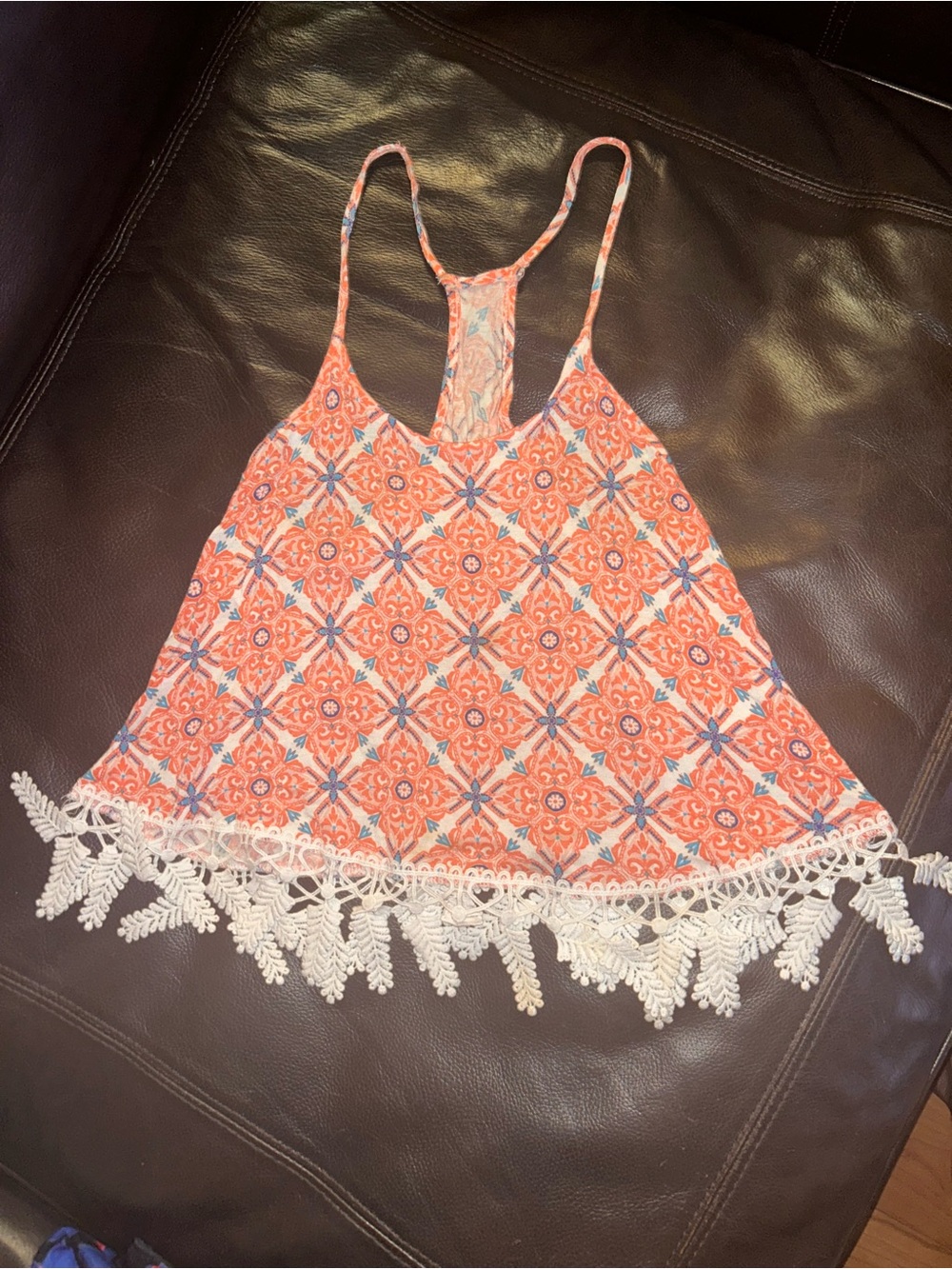 Wet Seal Coral and Blue Tile Print Crochet-Hem Racerback Camisole